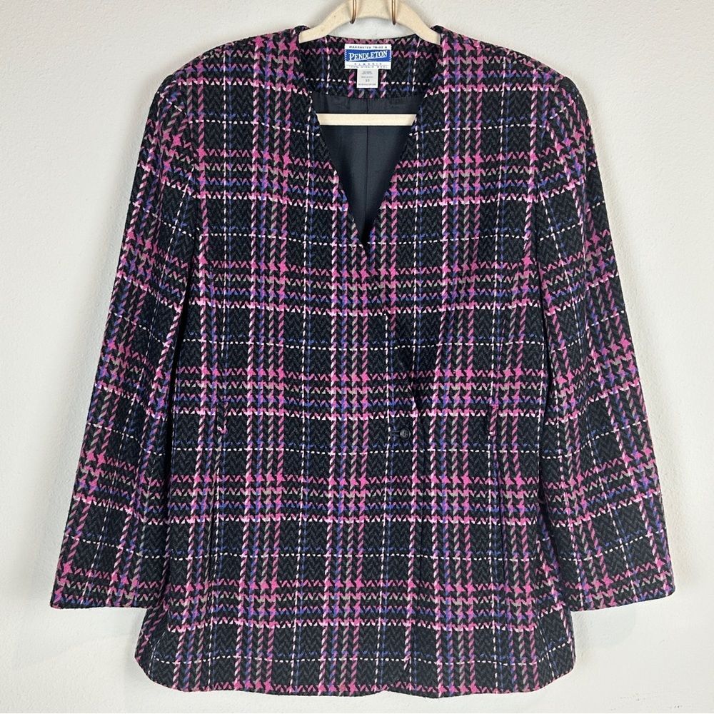 Vintage Pendleton Black Pink Plaid Wool Blazer Made in USA 10